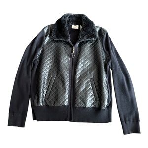 E/P Elana Pandolfi Black Quilt Faux Leather Fur Collar Knit Moto Jacket Size XL